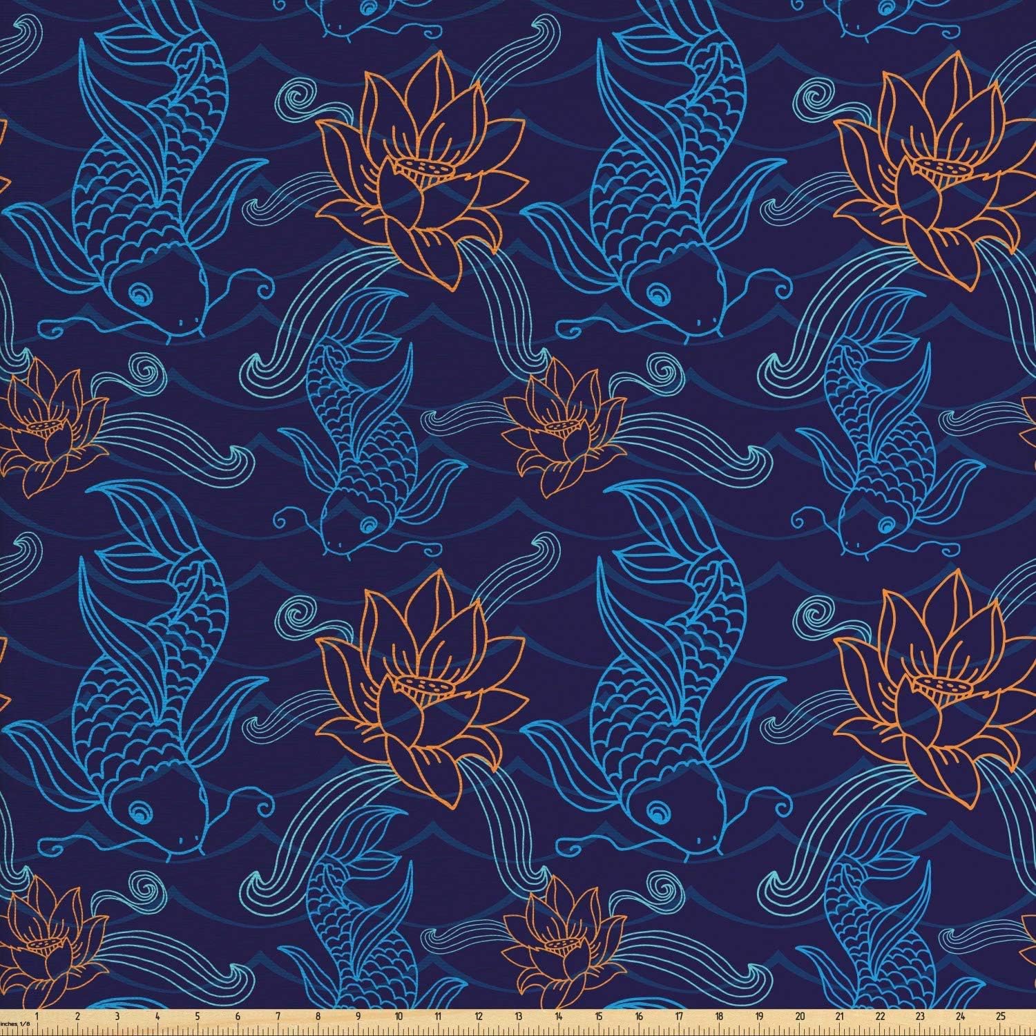 Elvoes Fish Fabric by The Yard, Oriental Koi Fish Floral Arrangement Petals and Leaves Doodle Style Animal, Decorative Fabric for Upholstery and Home Accents, 2 Yards, Blue Orange