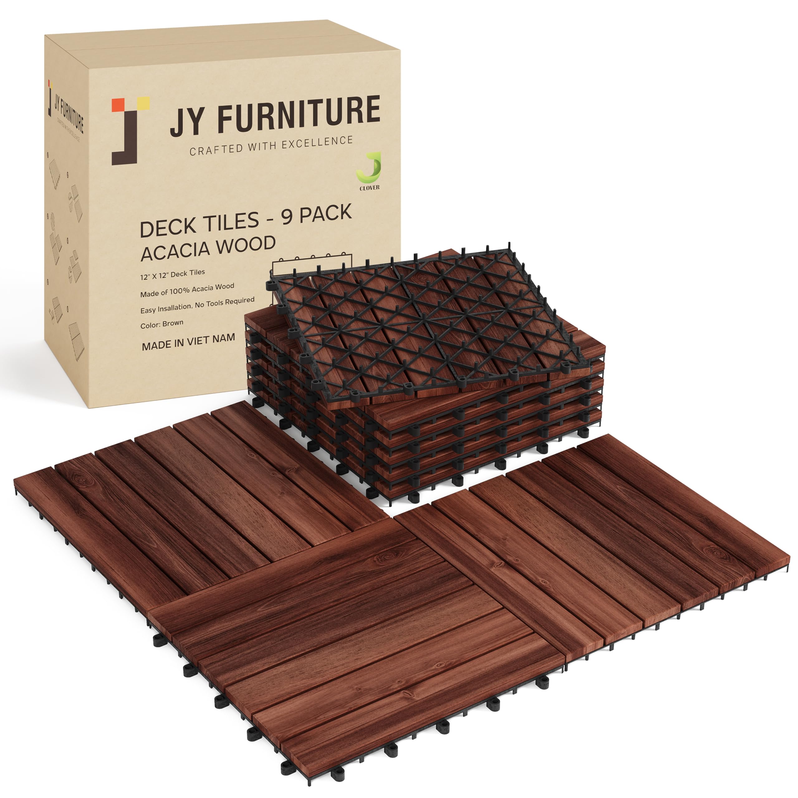 Photo 1 of 9 PCS Interlocking Deck Tiles 12" x 12" - Premium Acacia Wood Patio Tiles Waterproof - Deck Tiles Interlocking All Weather Waterproof Flooring - Easy Installation for Indoor & Outdoor (Brown)