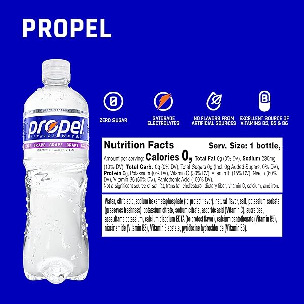 PROPEL ELECTROLYTE ENHANCED WATER SPORTS DRINK, GRAPE FLAVORED WATER, ZERO CALORIE & ZERO SUGAR HYDRATION WITH ELECTROLYTES AND VITAMINS C & E, 16.9 FL OZ BOTTLES (12 PACK)