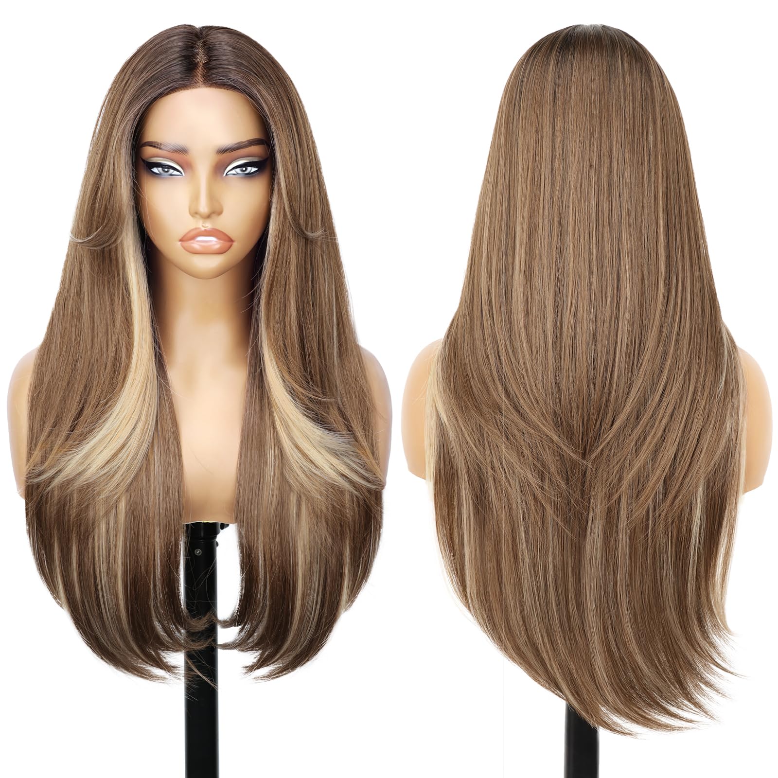 Photo 1 of Eawwii Brown with Light Blonde Glueless Wigs for Women Pre Cut Synthetic Lace Hairline Long Layered Straight Hairstyle 26 Inch
