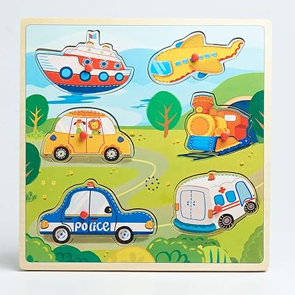 Wufiy Wooden Different Modes of Transport Puzzle /Shape Sorter / Wooden Peg Puzzle with Sound Effects | Developmental Toys
