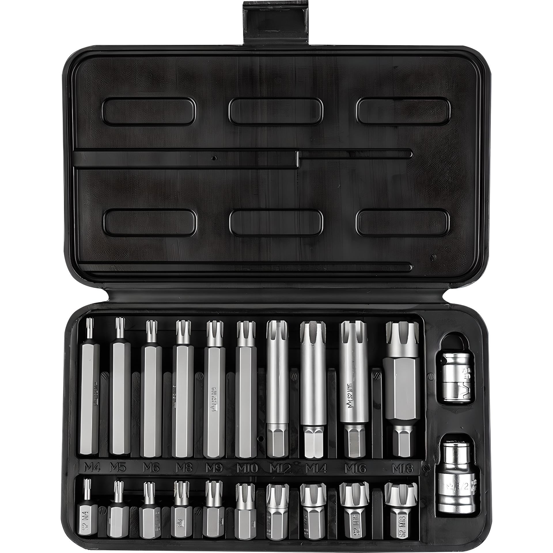 RIBE Bit Set (30, 75mm) Socket Wrench Set 22 Pieces (M4 M5 M6 M8 M9 M10 M12 M14 M16 M18)+ 2 Couplers 1/2" & 3/8" inch - Socket Bit Set (HRC 58-62) - Premium S2 Cr-V Steel, Polydrive, Screwdriver