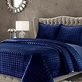 Tribeca Living Luxury Velvet Quilt Queen Size Set - 260GSM Ultra-Soft Oversized Velvet Bedspread Comforter Set with 2 Shams, in Florence Navy Blue
