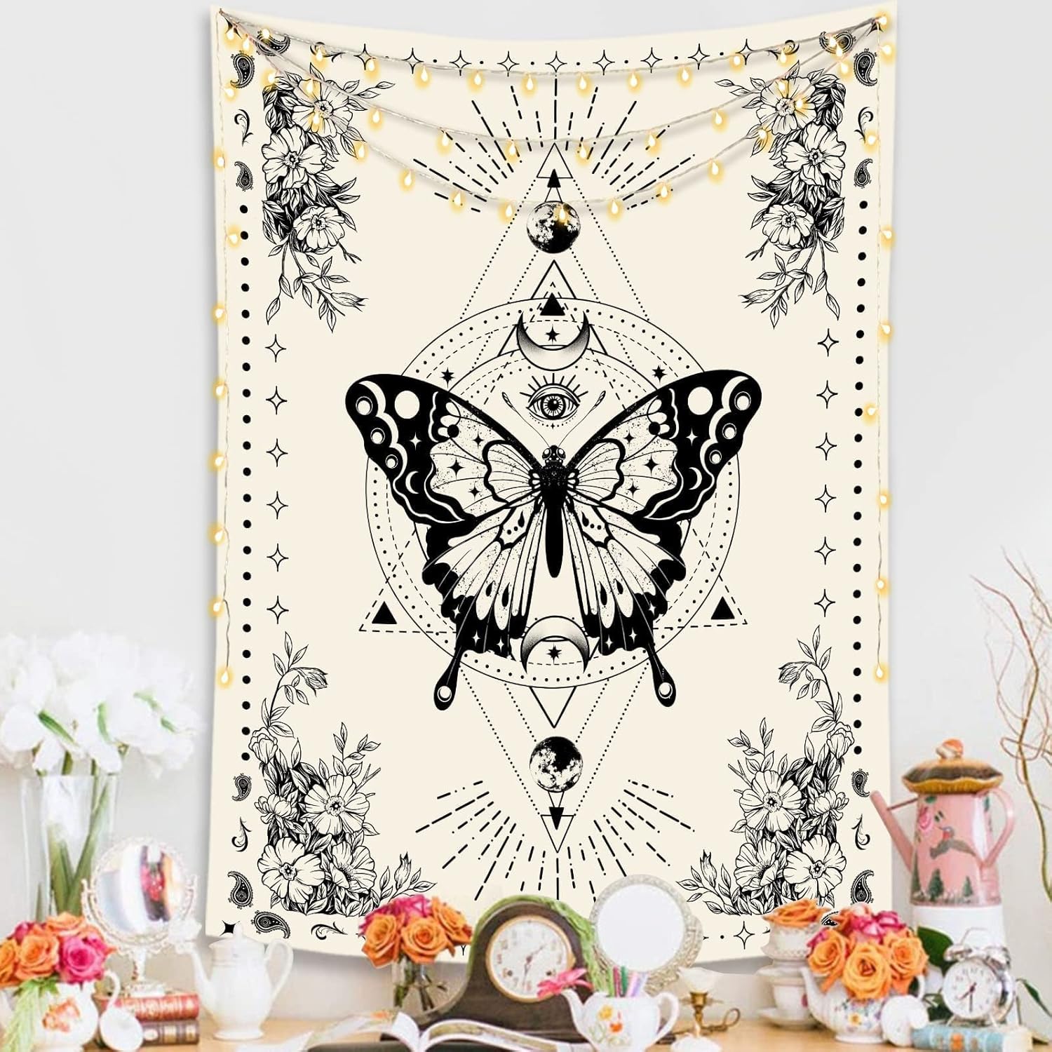 Tapestries - Lunerfex Butterfly Tapestry Small Aesthetic Tapestry Tarot Tapestry Hippie Tapestry for Bedroom Aesthetic Moon Phase Tapestries Wall Hanging for Bedroom (44'' × 60'')