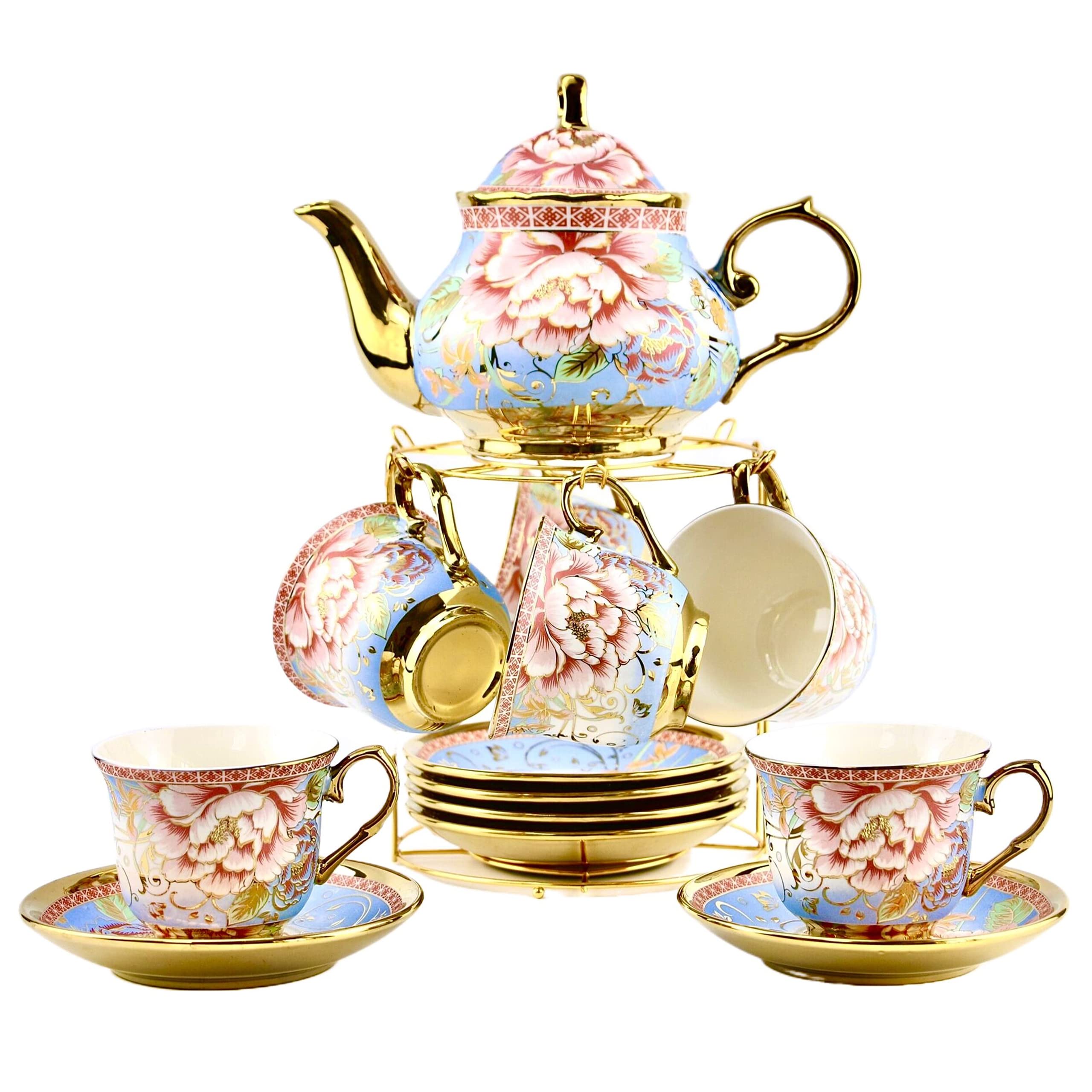 Photo 1 of 20 Pieces Porcelain Tea Set With Metal Holder, European Ceramic tea set for adults,Flower Tea Set,Tea Set For Women With Flower Painting(Large version, Light Blue))