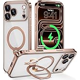 GolbinBox for iPhone 17 Pro Case with 360° Spin Magnetic Stand,[Compatible with Magsafe] [Military Protection][Built-in Ring Holder] Camera Control Phone Case for 17 Pro,Rose Gold/Clear