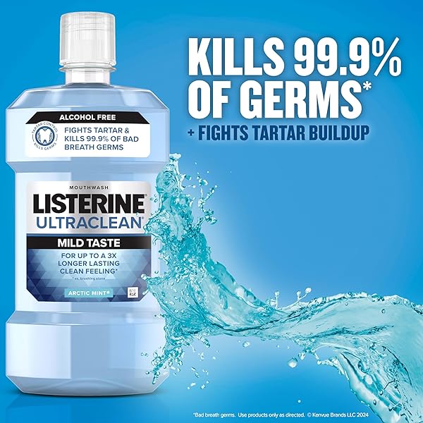 LISTERINE ULTRACLEAN ALCOHOL-FREE TARTAR CONTROL MOUTHWASH, ORAL RINSE FIGHTS STAIN BUILD UP TO HELP KEEP NATURALLY WHITE TEETH, LESS INTENSE ARCTIC MINT FLAVOR, 1L