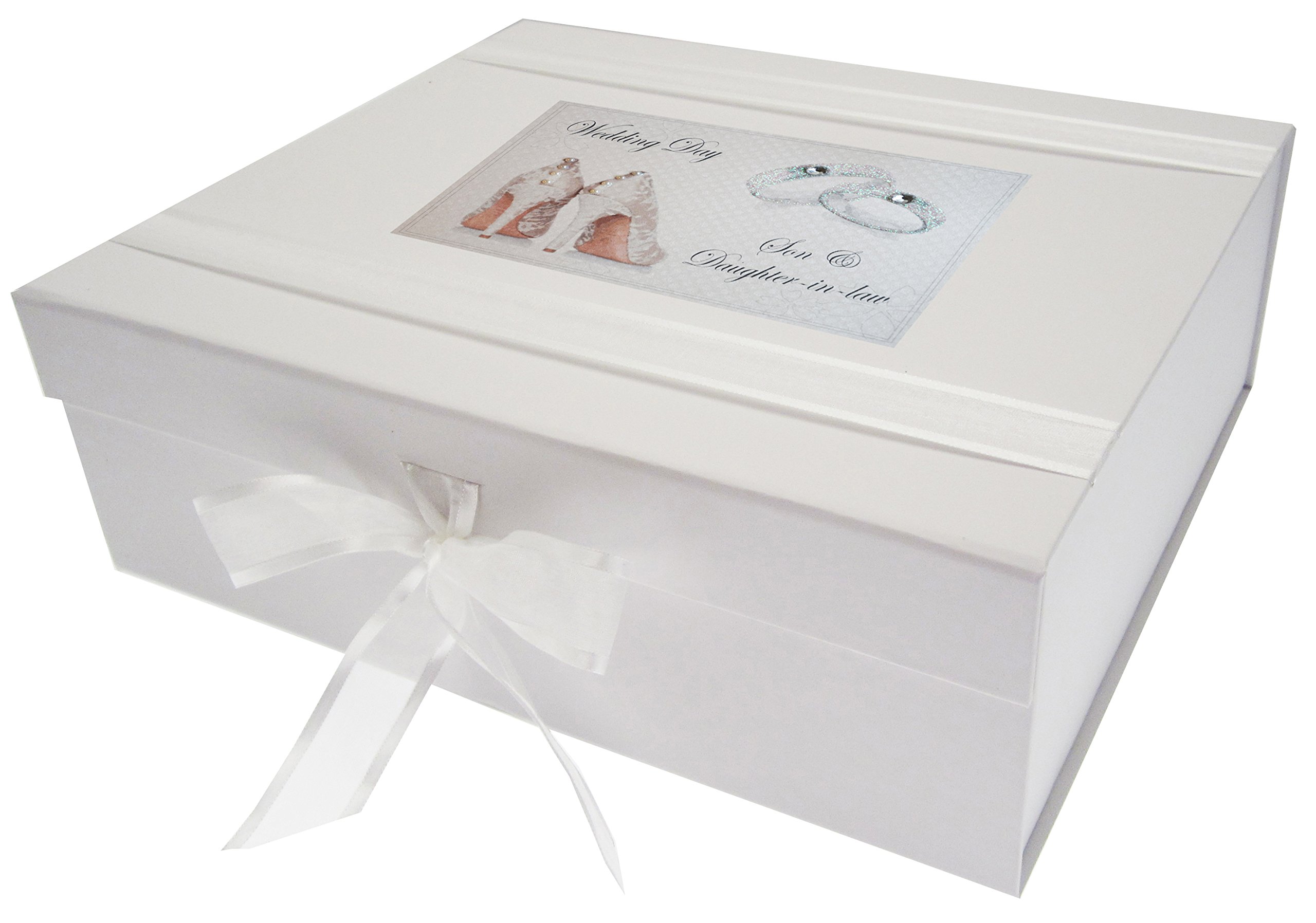 White Cotton Cards Day, Son & Daughter in-law Large Keepsake Box, Shoes and Wedding Rings design, Board, 27.2 x 32 x 11 cm