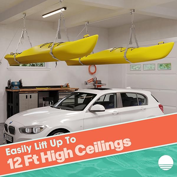 RAD SPORTZ KAYAK STORAGE HOIST – OVERHEAD PULLEY SYSTEM WITH 125LB CAPACITY FOR CANOES, BIKES, LADDERS, AND MORE FOR CEILINGS UP TO 12FT (GRAY)