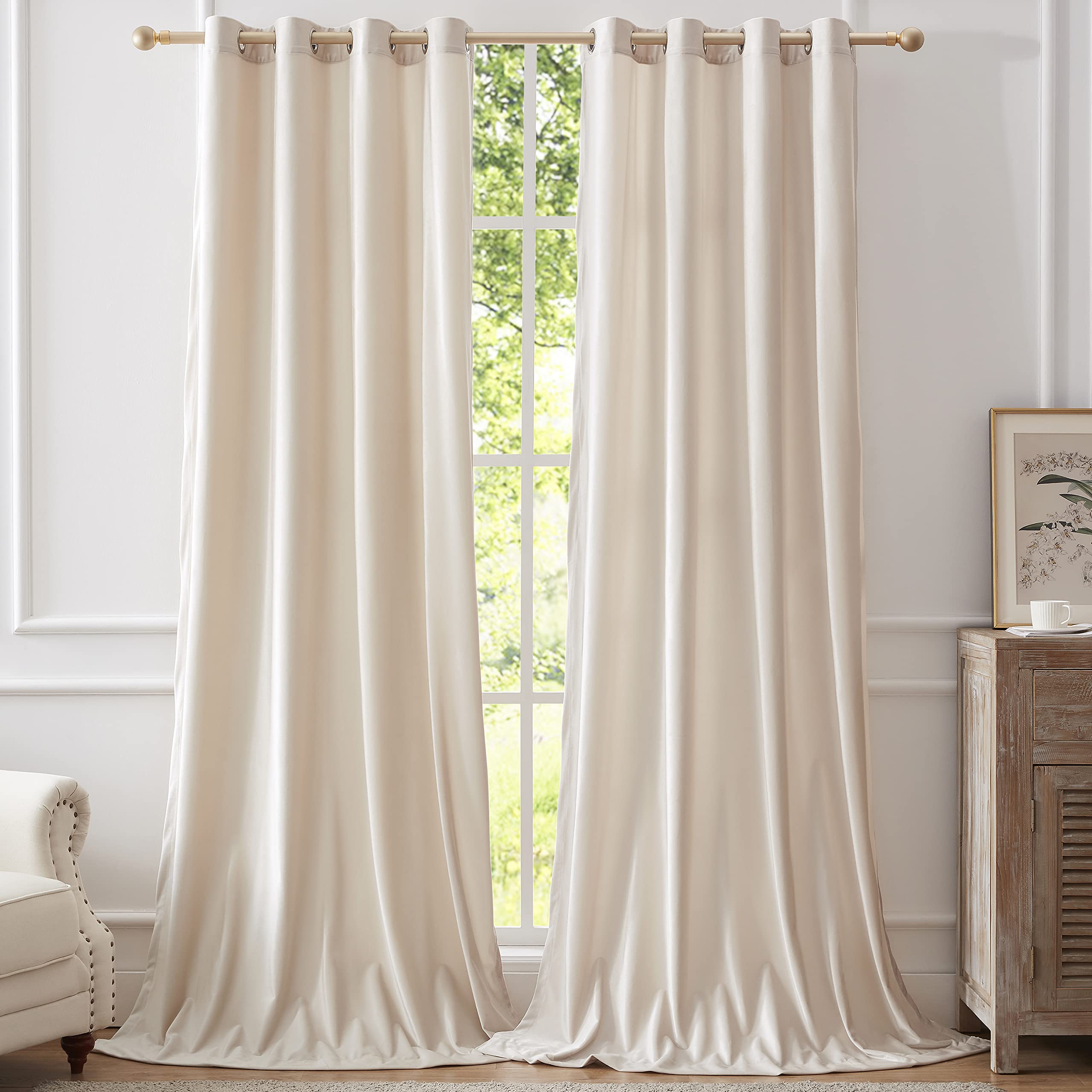 Photo 1 of BULBUL Cream Curtains 90 inch Length- Set of 2 Living Room Ivory Velvet Blackout Window Drapes Curtain Thermal Insulated Room Darkening Decor Grommet Curtains for Bedroom Set of 2 Panels