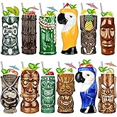 Tiki Mugs Cocktail Set of 12 - Ceramic Tiki Hawaiian Party Cups, Cute Exotic Cocktail Glasses Hawaiian, Bar Professional Hawaiian and Halloween Christmas Party Barware (12PCS)