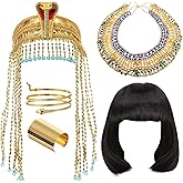 Yunlly 5 Pcs Egyptian Headpiece for Women Short Black Bob Wigs Head Chain Snake Arm Cuff Collar Necklace Bracelet Accessory