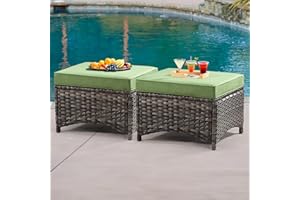 Gardenbee Patio Ottomans Set of 2, 22"x 22"x 18" Outdoor Wicker Footstool with Cushion, Green, for Garden, Backyard, Deck, Porch, Balcony, Poolside