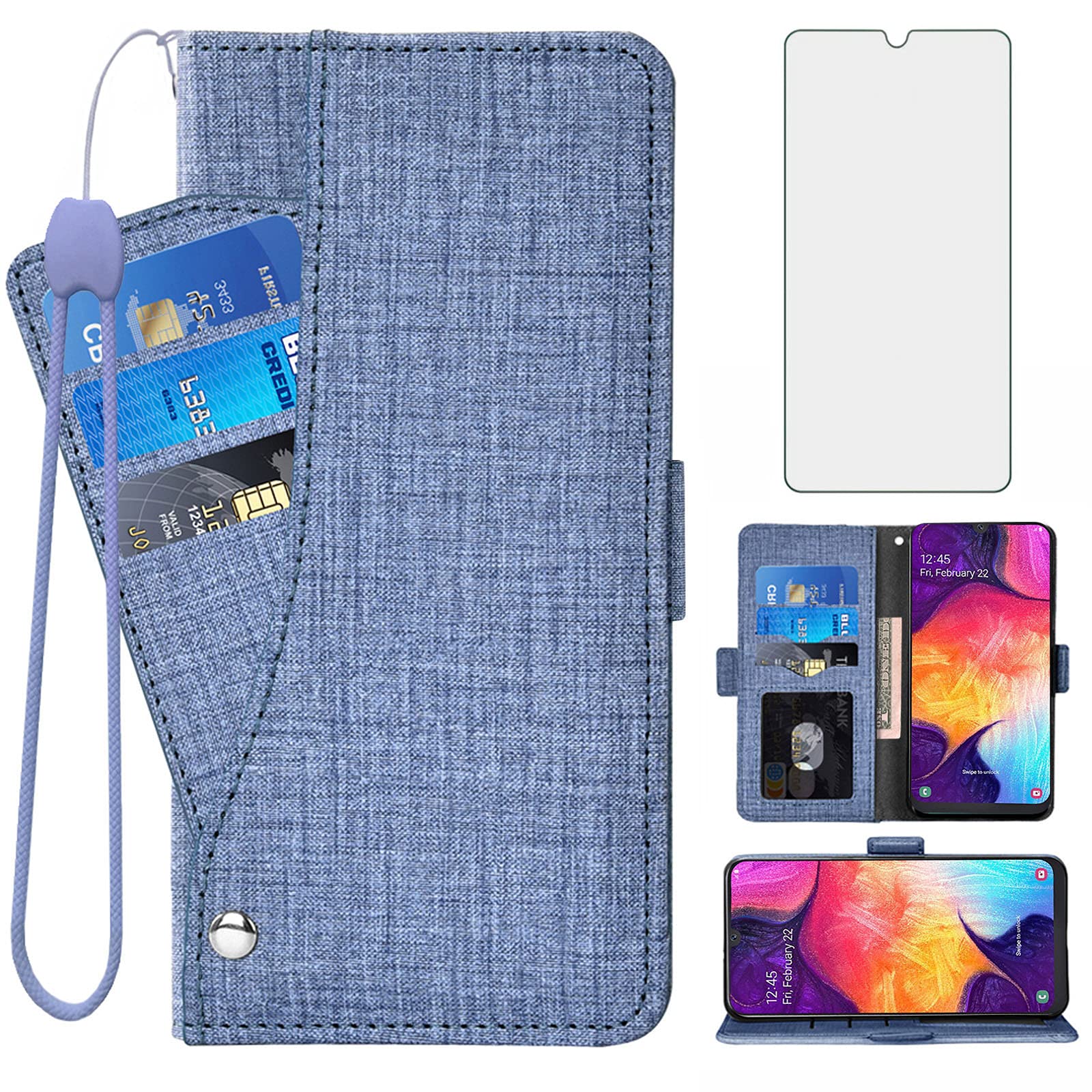 Asuwish Compatible with Samsung Galaxy A50 Wallet Case Tempered Glass Screen Protector and Flip Cover Card Holder Cell Accessories Phone Cases for Glaxay A 50 Gaxaly S50 50A SM A505G Women Men Blue