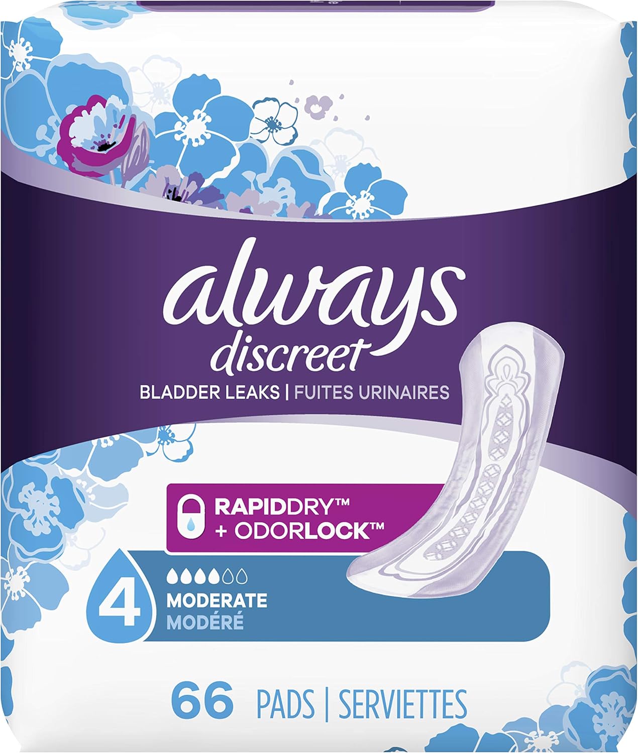 Always Discreet Incontinence Pads for Women, Moderate Absorbency, 198 Count, Regular Length (66 Count, Pack of 3 - 198 Count Total): Health & Personal Care