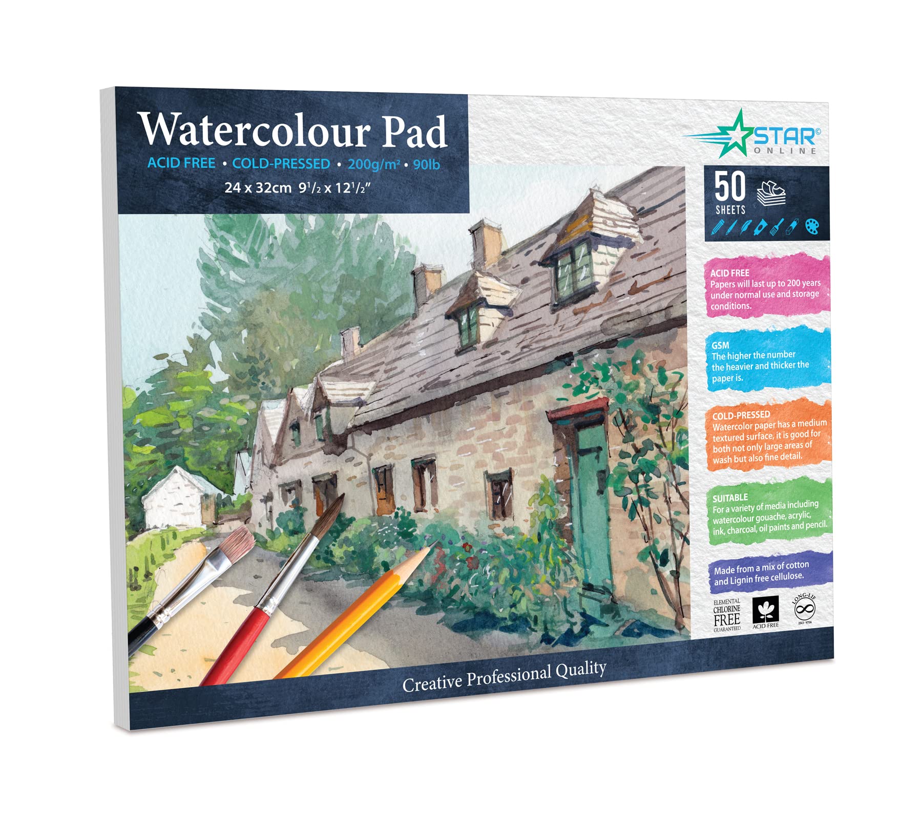 Watercolour Paper Artists Studio Glued Mixed Media Drawing and Techniques Art Pad, 24 x 32 cm, 200 g, 50 Sheets