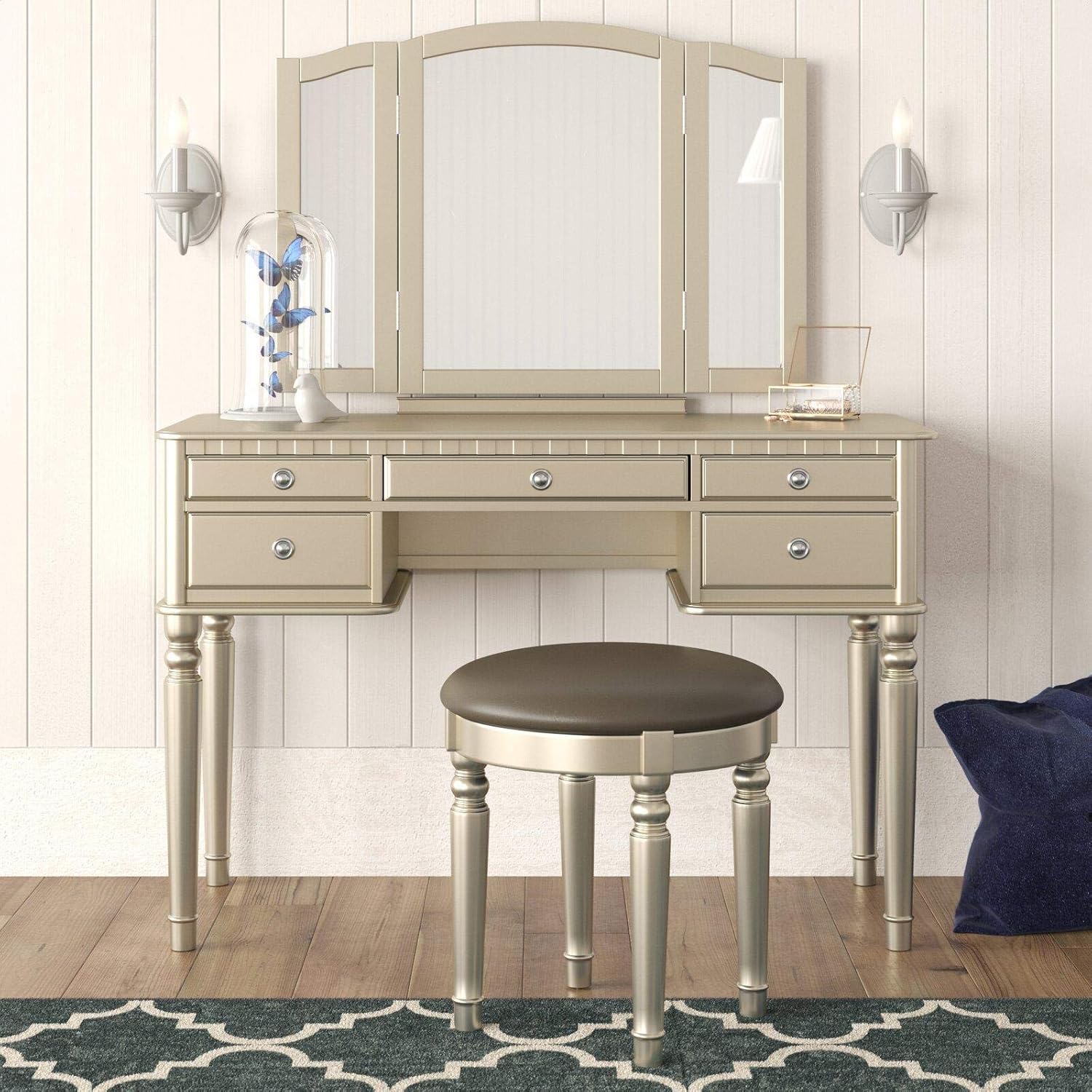 Amazon Com Torrance Vanity Set With Stool And Mirror Kitchen Dining