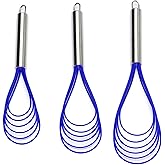 Flat Whisk Set,Stainless Steel 3 Pack 10''+11''+12'' Premium Sturdy-6 Silicone Heads Non Stick Wires Whisk for Blending Beating Stirring Kitchen Cooking by Jell-Cell (Blue)