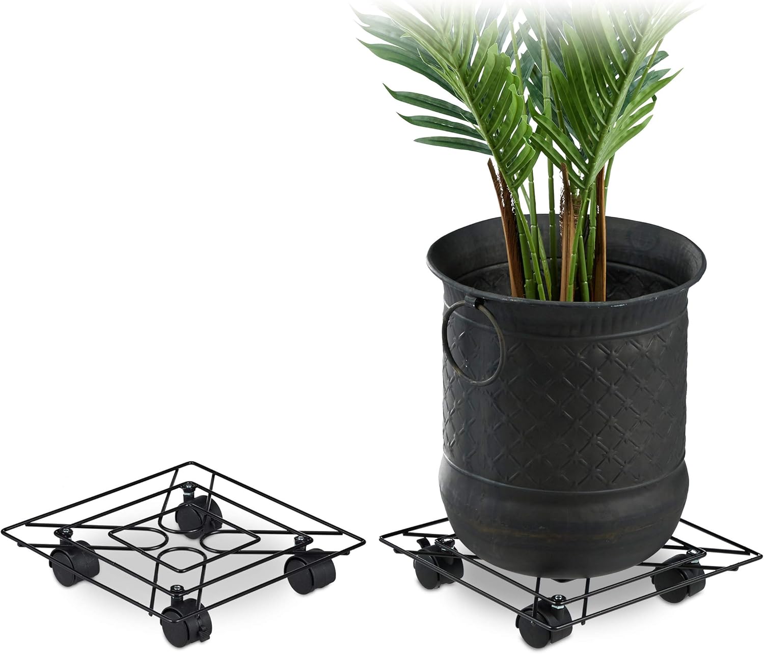 Relaxdays Square Plant Caddy Set of 2, In- and Outdoors, Brakes, Rolling Flowerpot Saucer, Metal, 28x28cm, Black