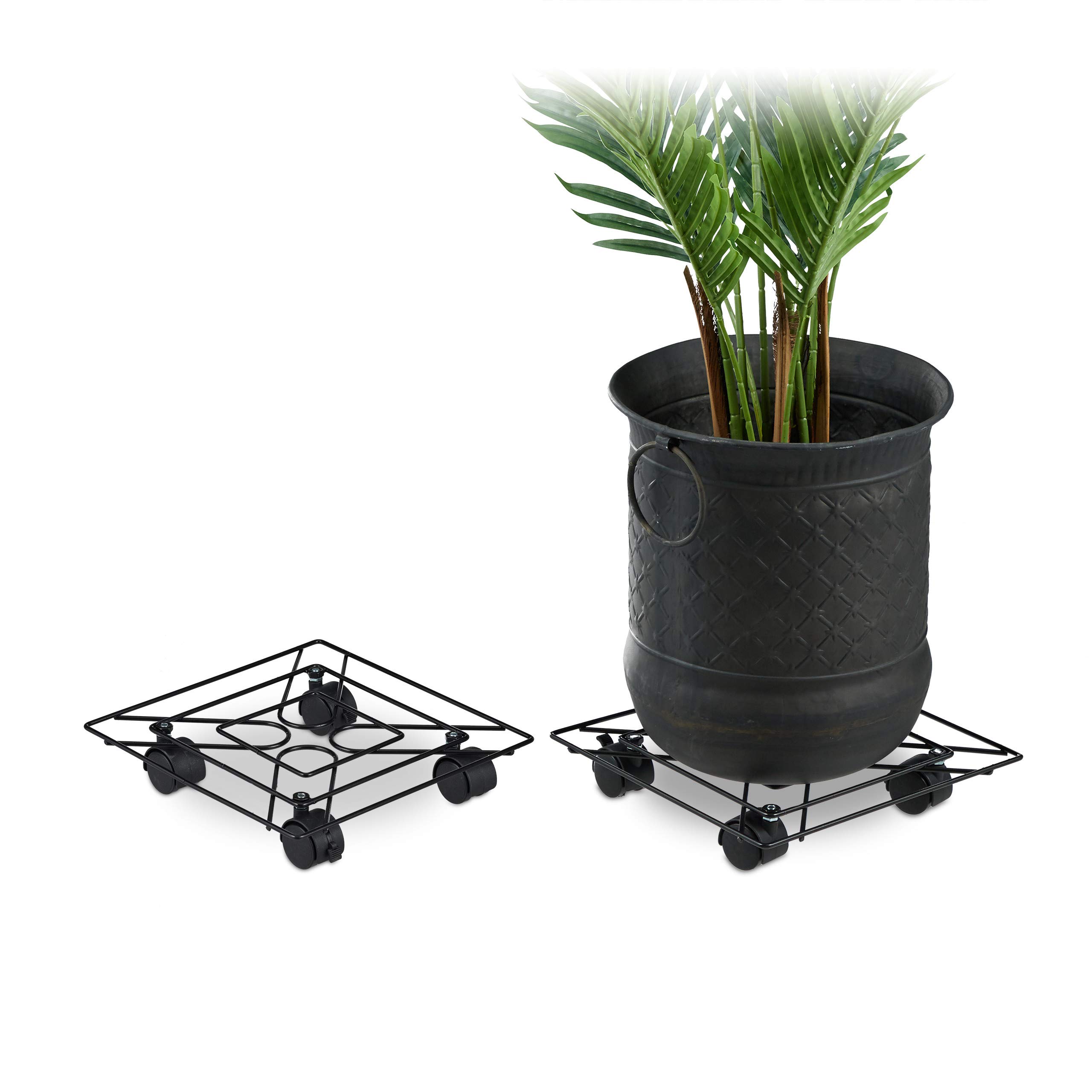 Relaxdays Square Plant Caddy Set of 2, In- and Outdoors, Brakes, Rolling Flowerpot Saucer, Metal, 28x28cm, Black