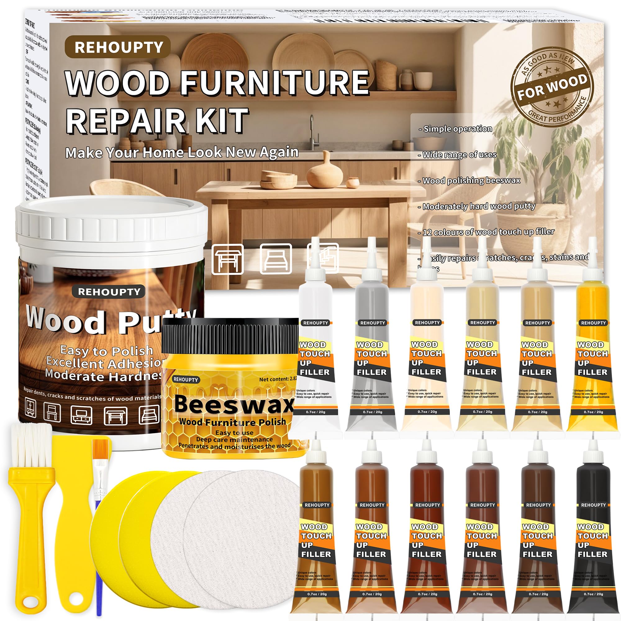 REHOUPTY Wood Furniture Repair Kit, All-in-One Large Capacity Floor Repair Kit Include Wood Putty & 12 Colors Wood Touch Up Filler and Beeswax, Laminate Floor Repair Kit for Scratch, Cracks, Stain