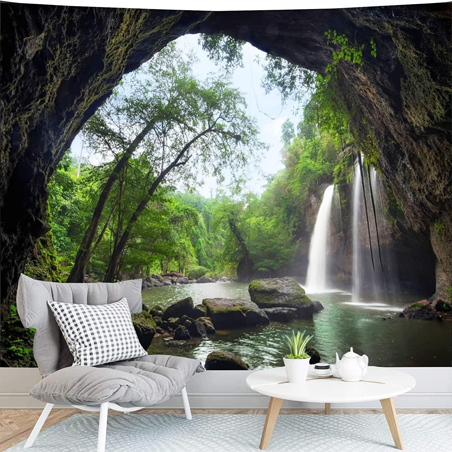 Tapestries - Mountain Cave Tapestry Green Forest White Waterfall Scenery Wall Tapestry Decor Living Room Bedroom for Home Decoration Tapestries Wall Hanging Tapestry 59x110 Inches for Wall Hanging Tapestry