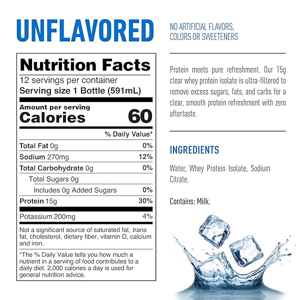 ISOPURE CLEAR PROTEIN WATER WITH ELECTROLYTES, 15G WHEY PROTEIN ISOLATE, ZERO SUGAR, UNFLAVORED, 20 FL OZ BOTTLES, 12-PACK