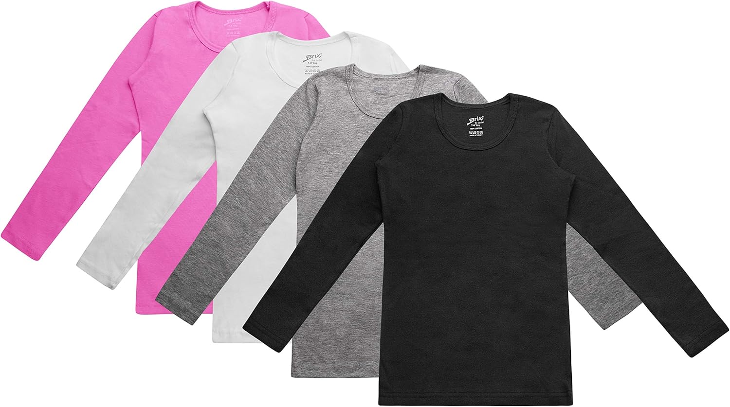 Brix Girls' Long Sleeve Tees - 4 -Pack Crew Neck Super Soft Cotton T Shirts.: Clothing