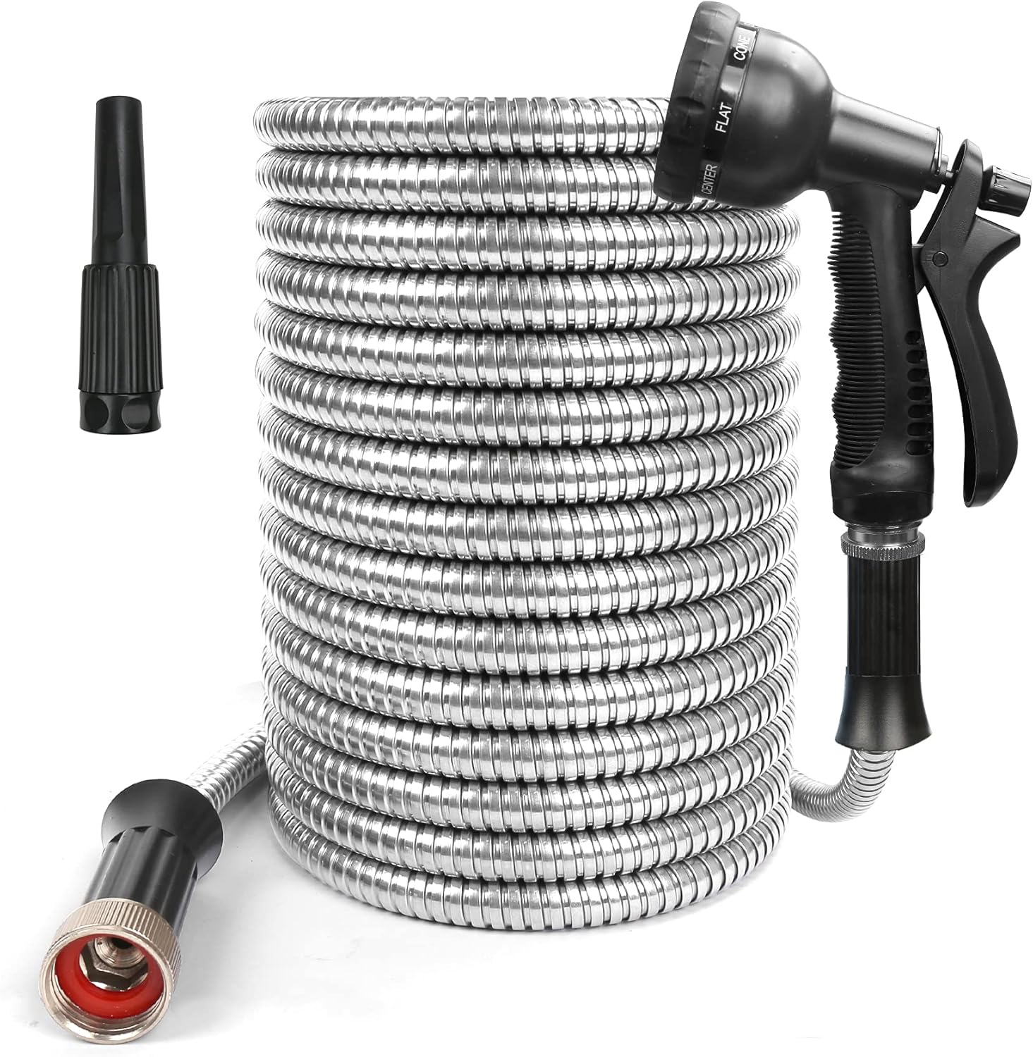Freehawk 304 Stainless Steel Garden Hose,Flexible Metal Water Hoses with Nozzle & 8 Pattern Spray e,Nozzle,Leak-proof,Never Kink & Tangle,Puncture Resistant,Anti-Corrosion (50FT)