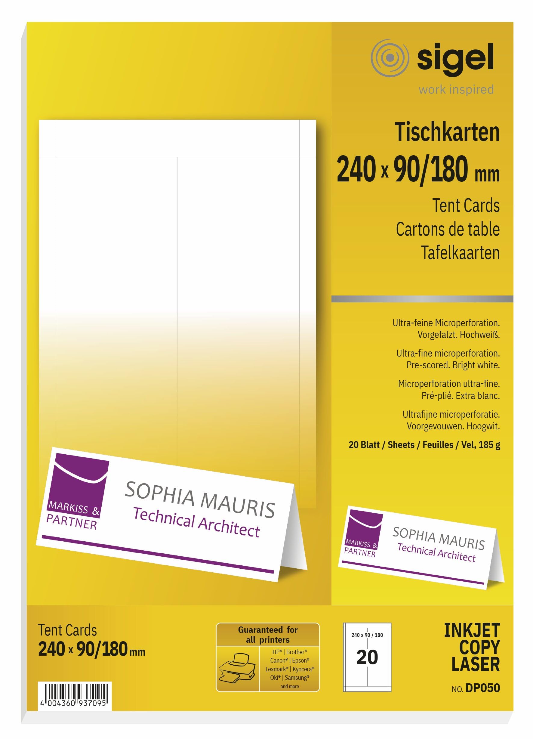 SIGEL DP050 Tent Cards, 24 x 9 cm, 20 sheets equal to 20 Pieces