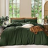 MooMee Bedding Duvet Cover Set 100% Washed Cotton Linen Like Textured Breathable Durable Soft Comfy (Solid Forest Green, Queen 90"x90")