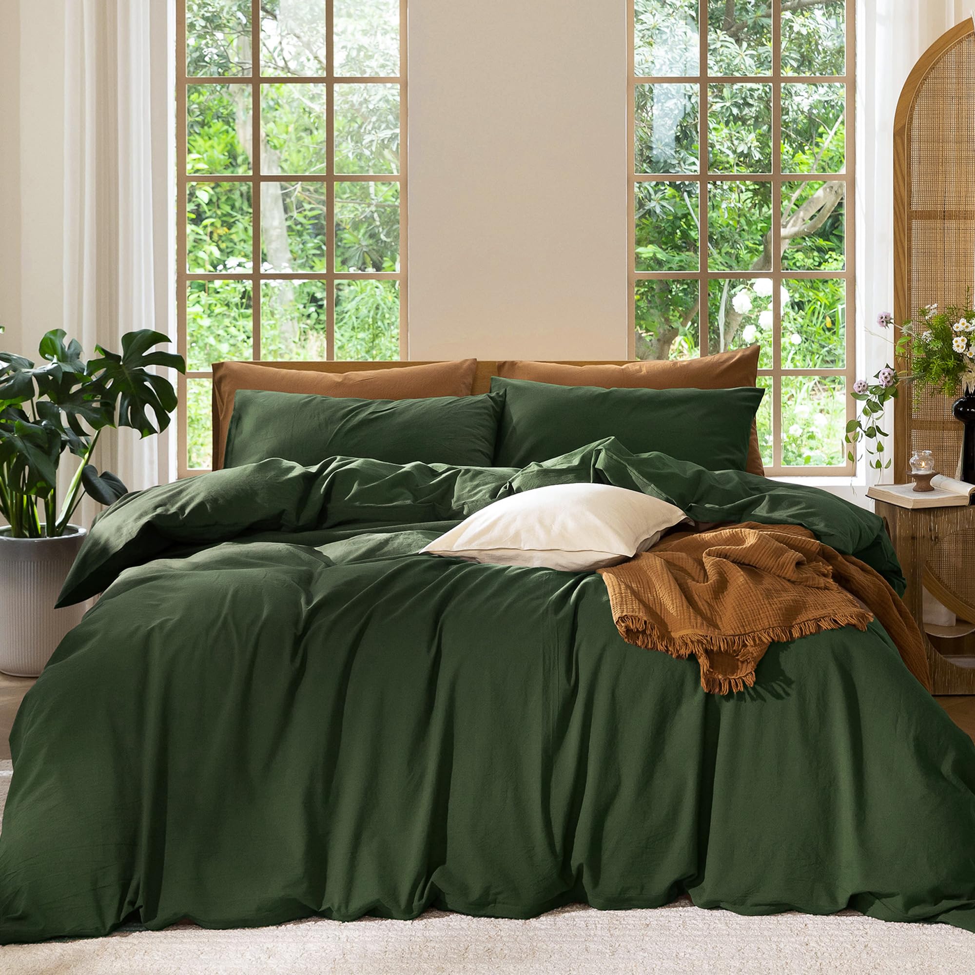 Photo 1 of MooMee Bedding Duvet Cover Set 100% Washed Cotton Linen Like Textured Breathable Durable Soft Comfy (Solid Forest Green, Queen 90"x90")