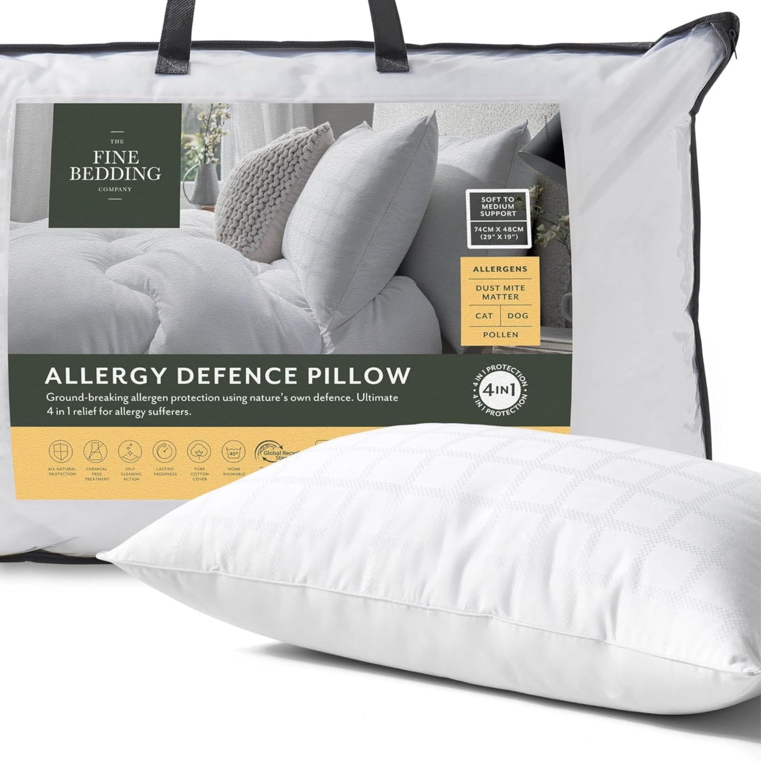 The Fine Bedding Company Allergy Defence Pillow – Medium Pillow, Sustainable Comfort for Back and Side Sleepers, Super Soft Luxury Pillows, Hypoallergenic, Machine Washable – Single (1 Pack)