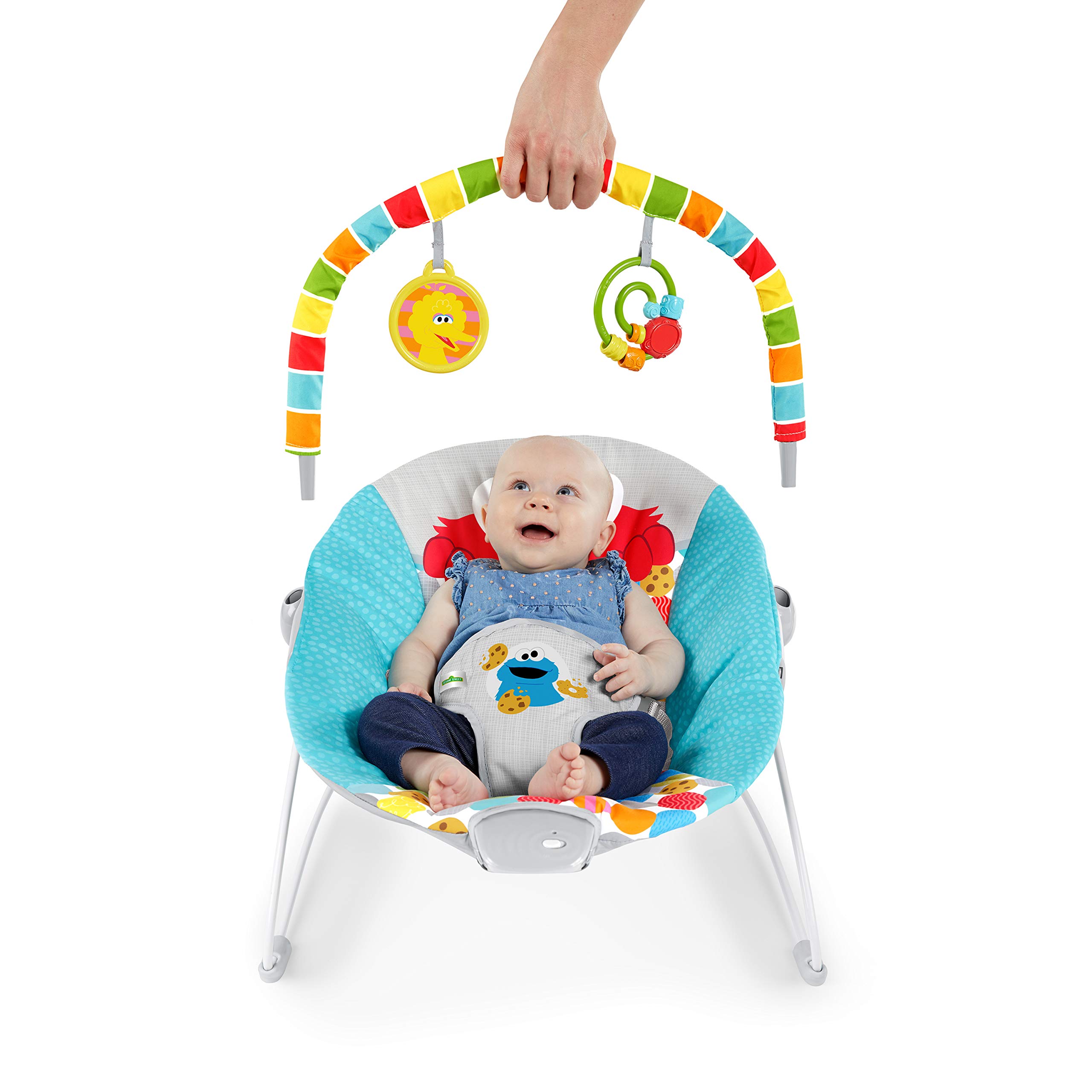 Bright Starts Sesame Street Baby Bouncer Soothing Vibrations Infant Seat - I Spot Elmo! with Cookie Monster and Big Bird - Removable-Toy Bar, 0-6 Months Up to 20 lbs