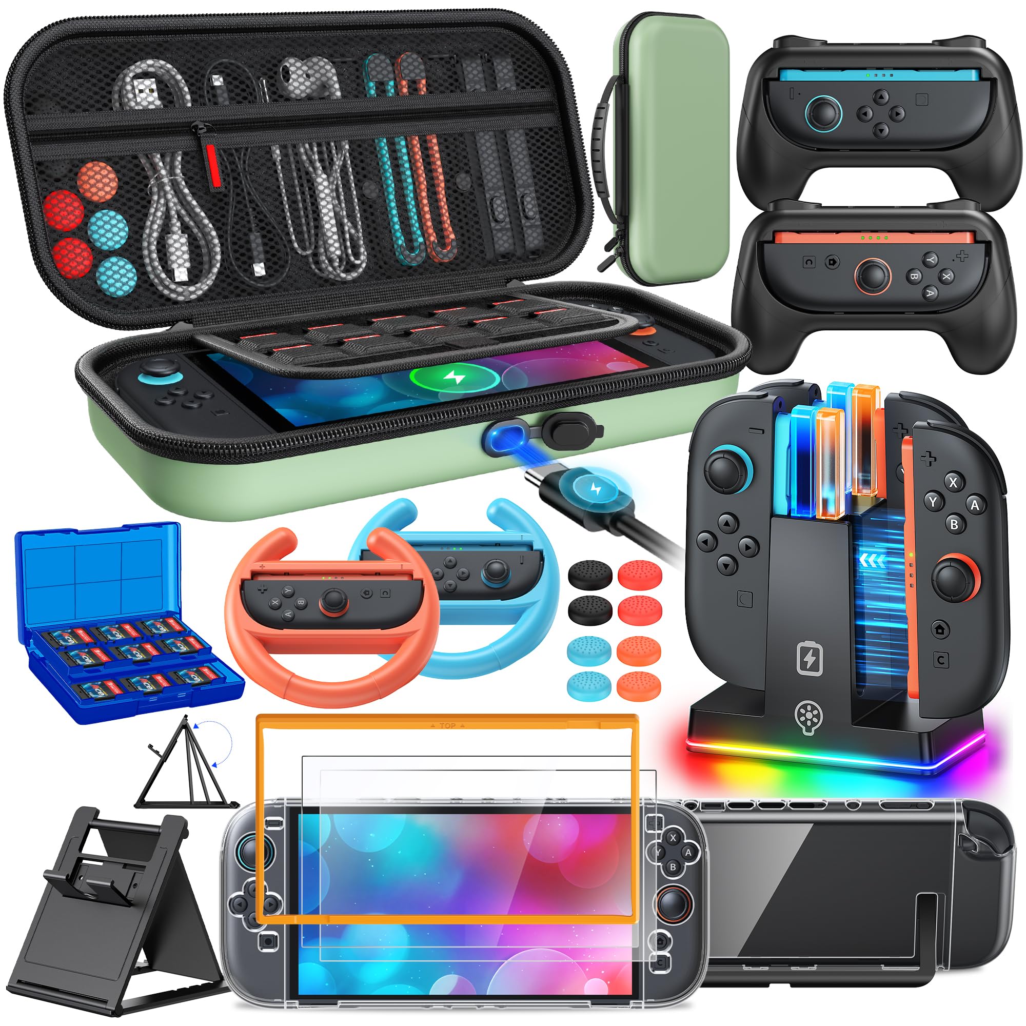 Switch 2 Accessories, [Charge Inside]Case Bundle for Nintendo Switch 2 2025 Console, FYOUNG 23 IN 1 Kit:Carrying Case,Controller Charger,Protective Shell,Grip for Joycon, Steering Wheel(Green)