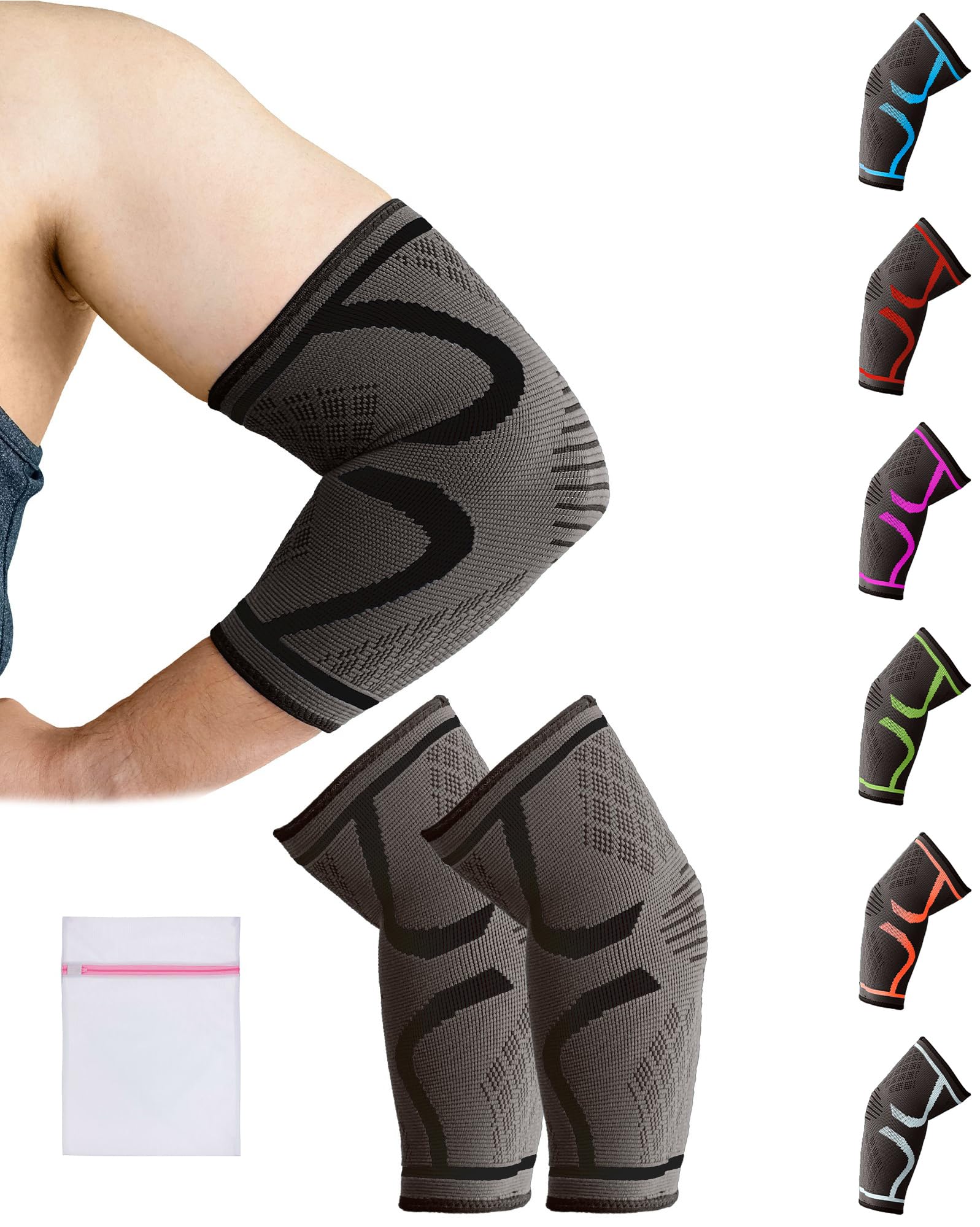 360 RELIEF Elbow Support for Men, Women, Kids, 2 Pack Compression Elbow Sleeve for Tennis, Golfers, Sports, Fitness, Gym, Weightlifting, Small, Black + Laundry Bag