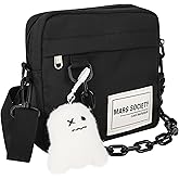ReignSword Small Crossbody Messenger Bag for Women Men, Cute Nylon Shoulder Purse Bag with Detachable Ghost Pendant, Black