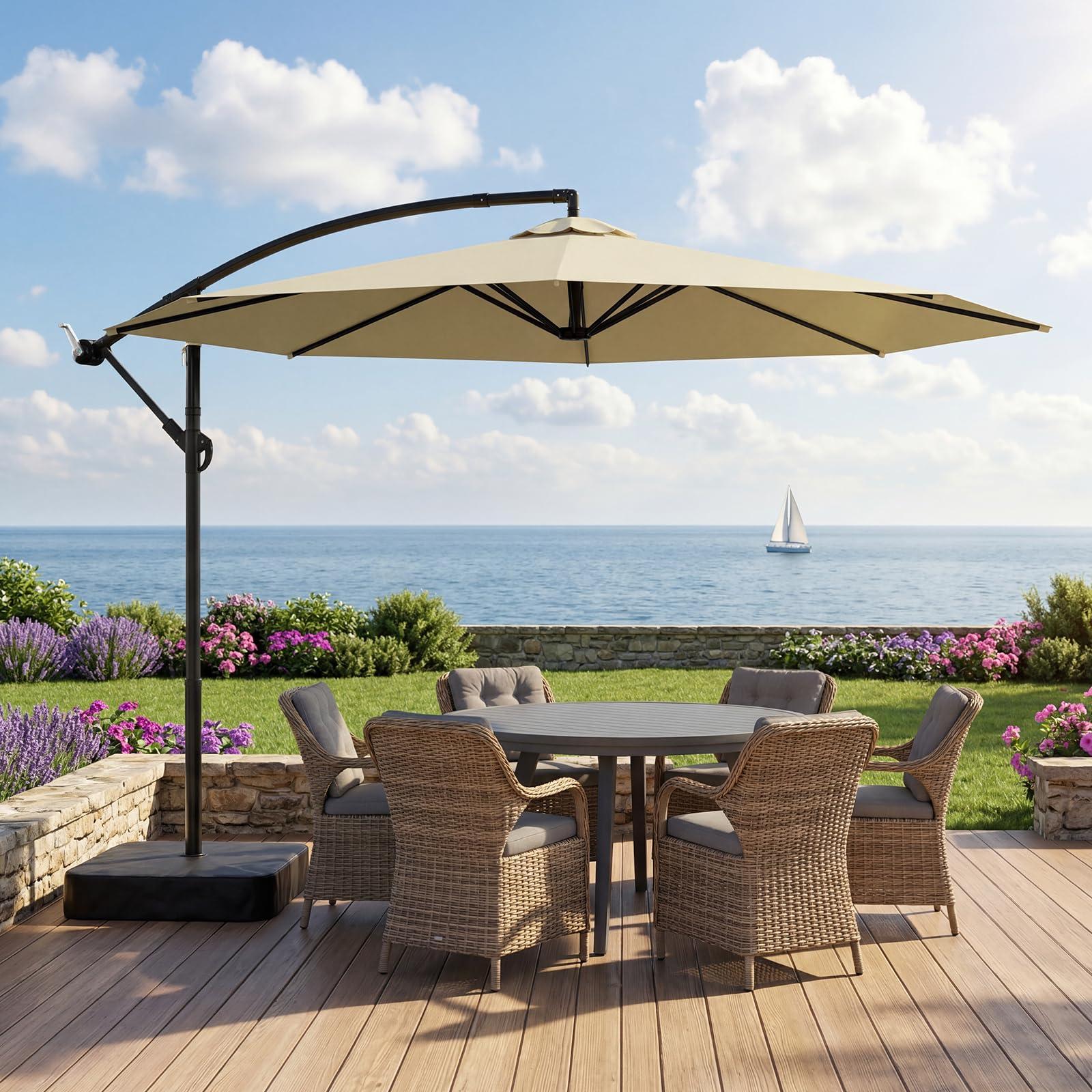 Meulbaty 300 cm Ampelschirm mit Ständer & Sandsäcken, Sonnenschirm für Terrasse Garten Balkon, 360° Drehbar, Neigbar, UV-Schutz, Wasserabweisend, Windstabil, Große Schattenfläche(Beige) 7