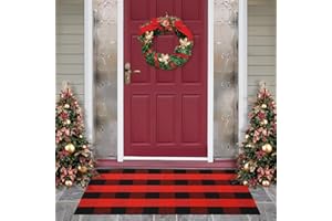 MUBIN Christmas Door Mat Outdoor 27.5 x 43 Inch Red and Black Plaid Rug Christmas Decor Rug Cotton Hand-Woven Layered Door Mats Washable Carpet for Front Porch, Kitchen, Farmhouse, Entryway