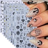 10 Sheets Gothic Halloween 3D Nail Stickers Decals for Nail Art Decoration | Holiday Glitter Ghost Bat Spider Skull Web Pumpkin Witchy Designs Self‑Adhesive DIY Manicure Supplies for Halloween Nail Art