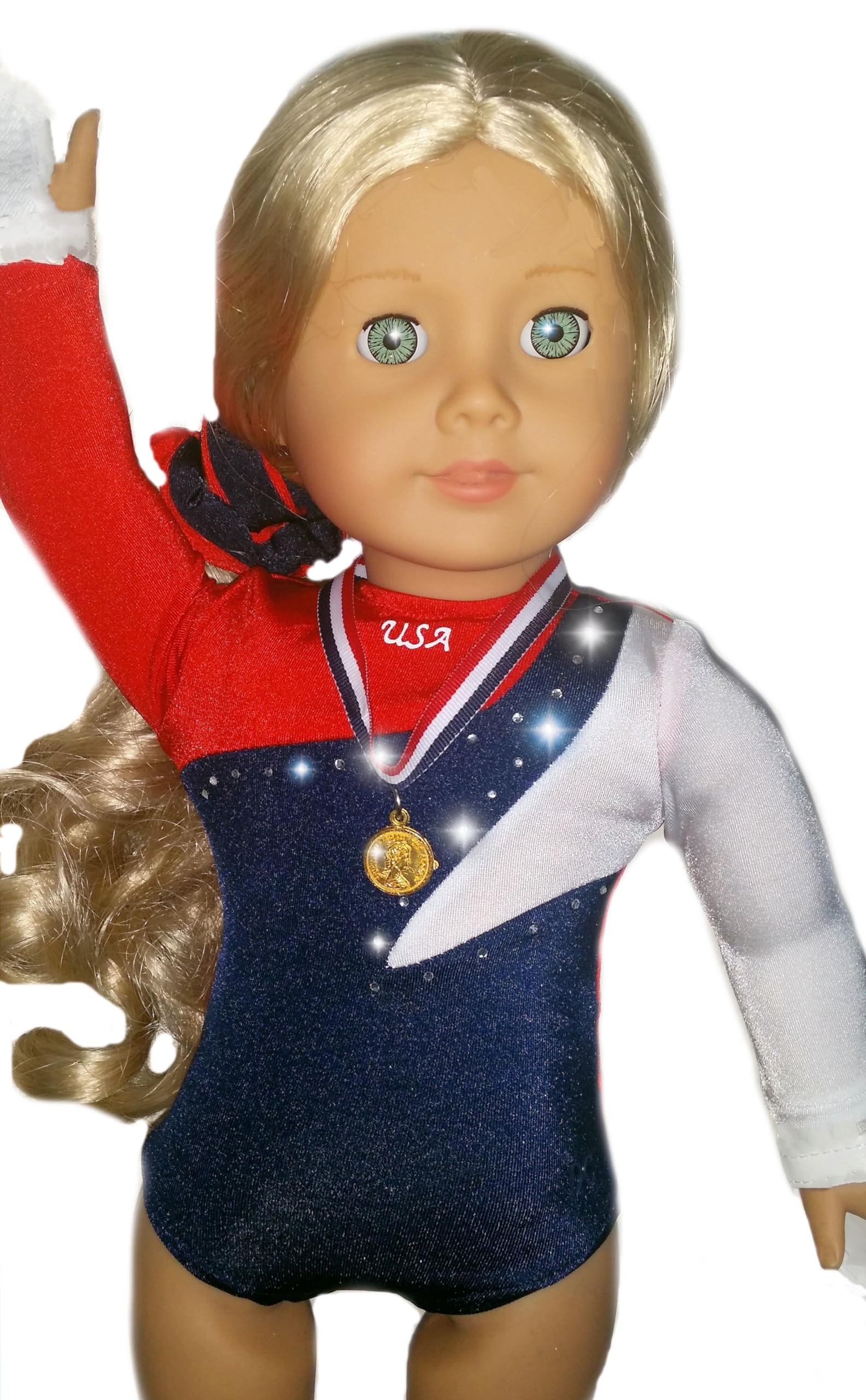 2024 American Doll Girl USA Gymnastics Doll Clothes Set with Leotard, Mat, Olympic Medal and Hair Accessory. 4 PCS in All! Doll Not Included
