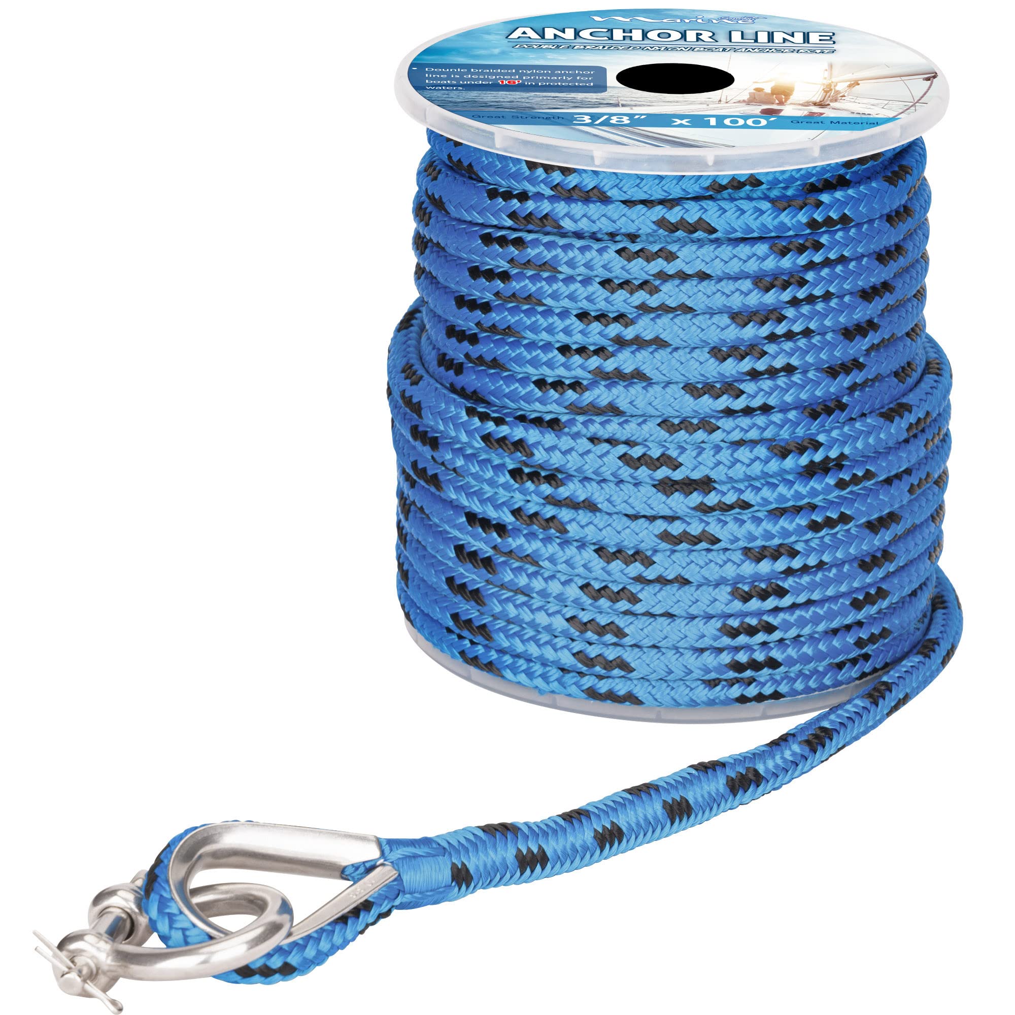 Photo 1 of MARINE SYSTEM Made 3/8 Inch 100FT 150FT Blue/Black Nylon Anchor Line Double Braided Anchor Rope/Line with Stainless Steel Thimble and Shackle (3/8" x 150')