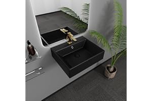 Davivy 20.3"x17.1" Large Wall Mounted Matte Black Vessel Sink with Pop Up Drain and Installation Kit,Rectangle Bathroom Sinks Above Counter,Ceramic Vessel Sink (Large,Dual Installation Method)