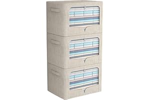 FHSQX 3 Pack Clothes Storage Bins Foldable Metal Frame Storage Box Stackable Linen Fabric Organizer Set with Carrying Handles and Clear Window (Beige, 15.7x11.8x7.8inch(22L))