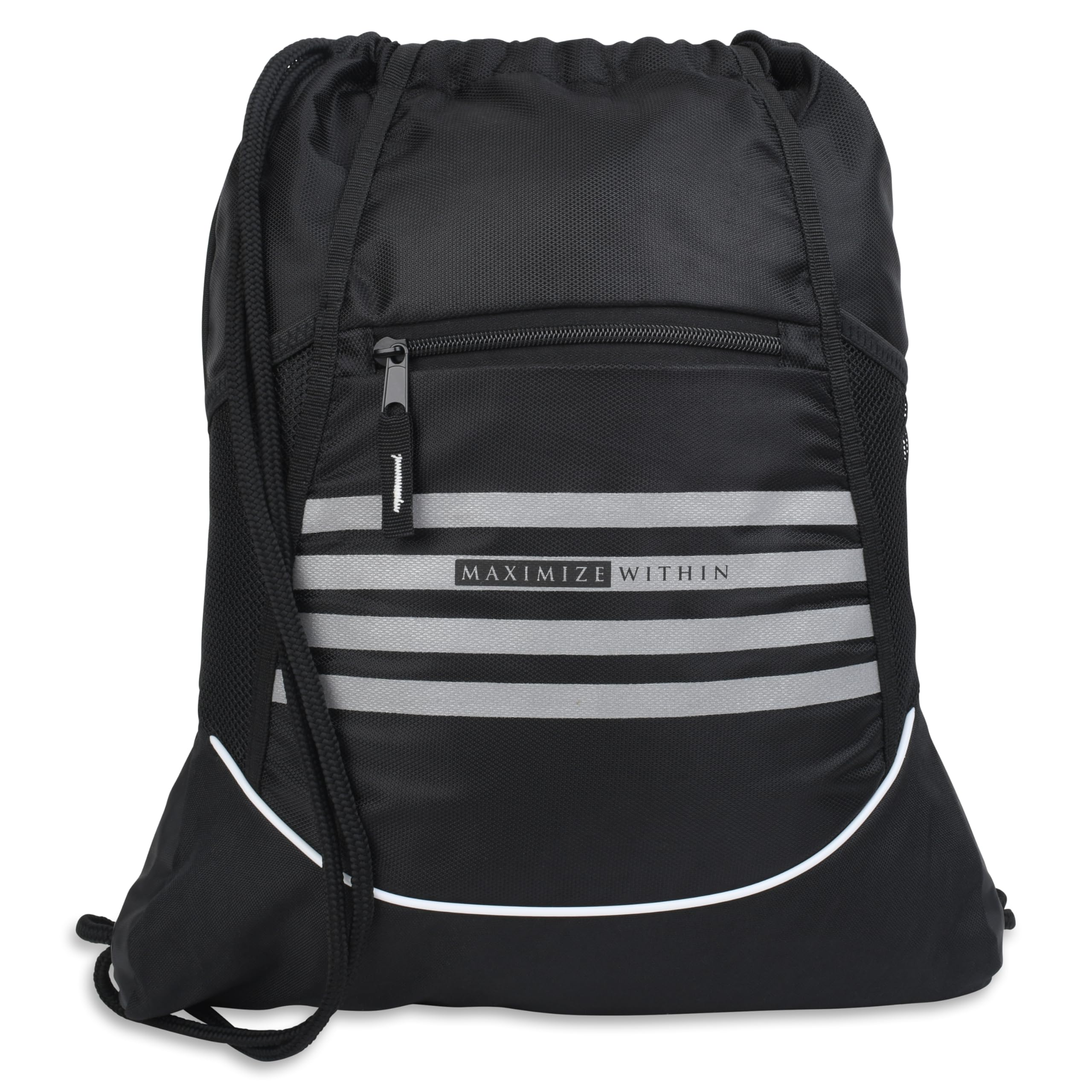 Maximize Within Durable Water-Resistant Drawstring Sackpack – Lightweight Unisex Gym Backpack with Mesh Side Pockets for Sports, Travel & Everyday Use - Black