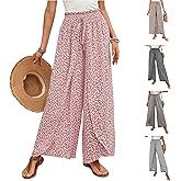 Ditsy Floral Pants for Women Front Slit Baggy Wide Leg Pants Summer Bohemian Drawstring High Waisted Paper Bag Pants
