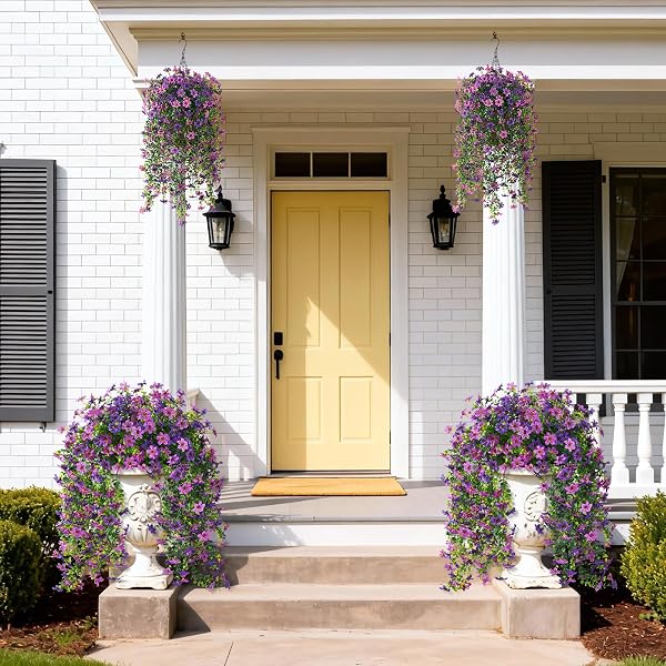 ARTIFICIAL HANGING FLOWERS FOR OUTDOORS, 2 PCS FAKE HANGING PLANT SPRING SUMMER DECOR, UV RESISTANT NO FADE REALISTIC FAUX FLOWER FOR FRONT DOOR PORCH PLANTER PATIO GARDEN YARD(DOUBLE PURPLE)