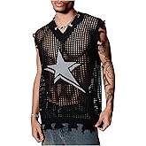 Verdusa Men's Sweater Vest Y2k Gothic Tops Sleeveless Shirts Raw Trim Knitted Sheer Crochet Pullover Top