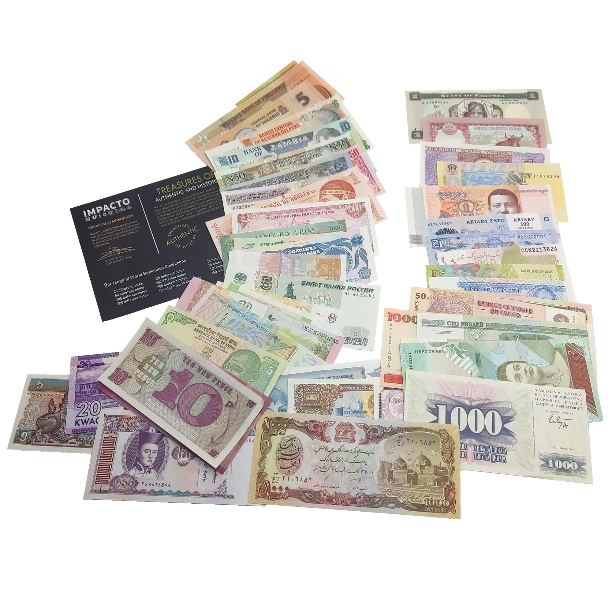 IMPACTO COLECCIONABLES World Currency Collection – 50 Uncirculated Banknotes from 50 Countries, No Duplications, with Certificate of Authenticity – Old Paper Money for Collectors, Schools, & Museums
