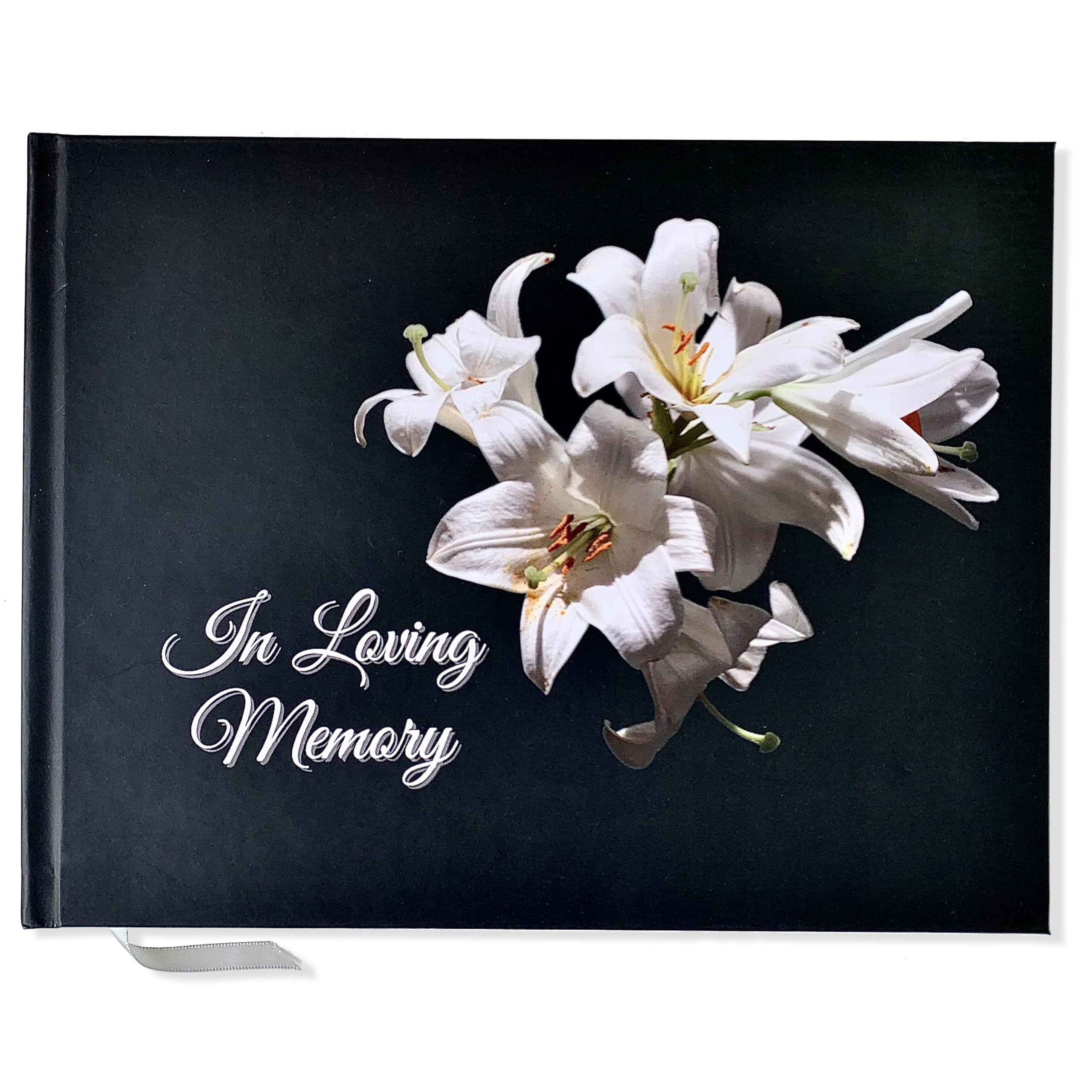 JC Classics Memory Book for Funeral | Book of Condolence with Memory Table Card Sign (Black-Lily)